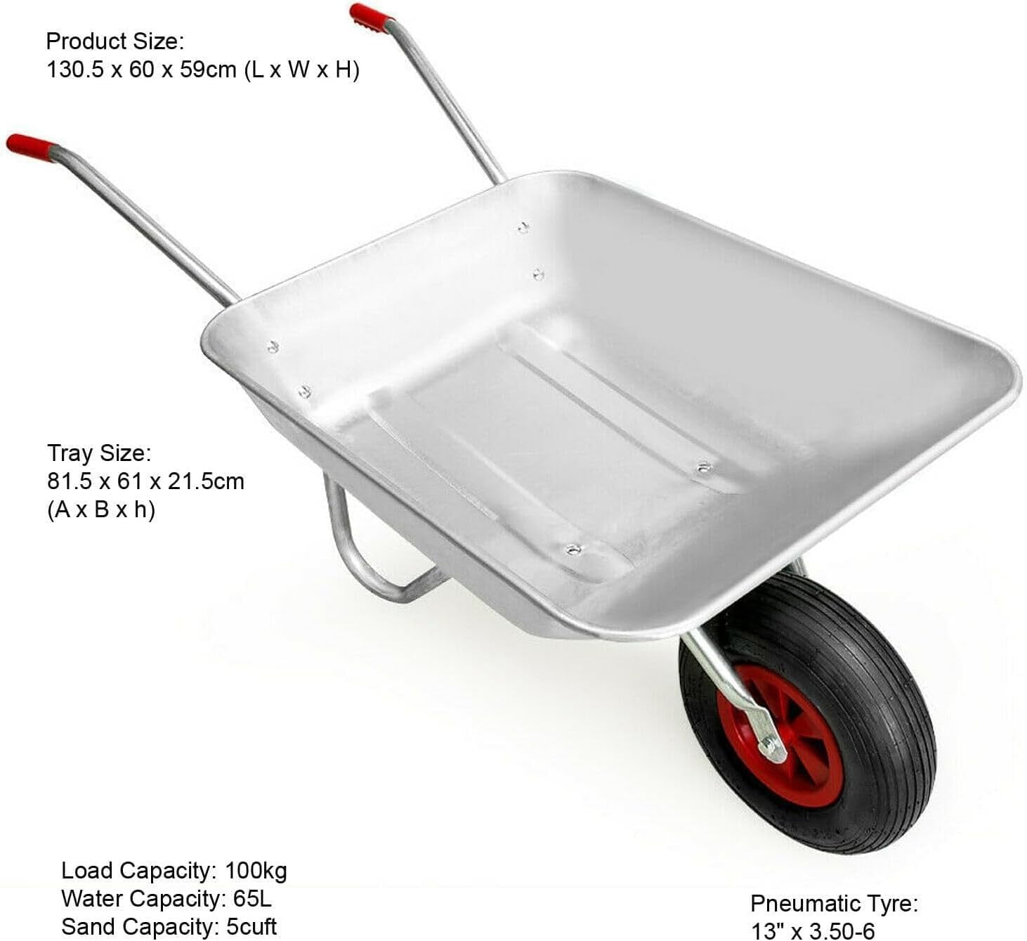65L Silver Galvanised Wheelbarrow – Pneumatic Tyre Steel Frame for 100kg Loads