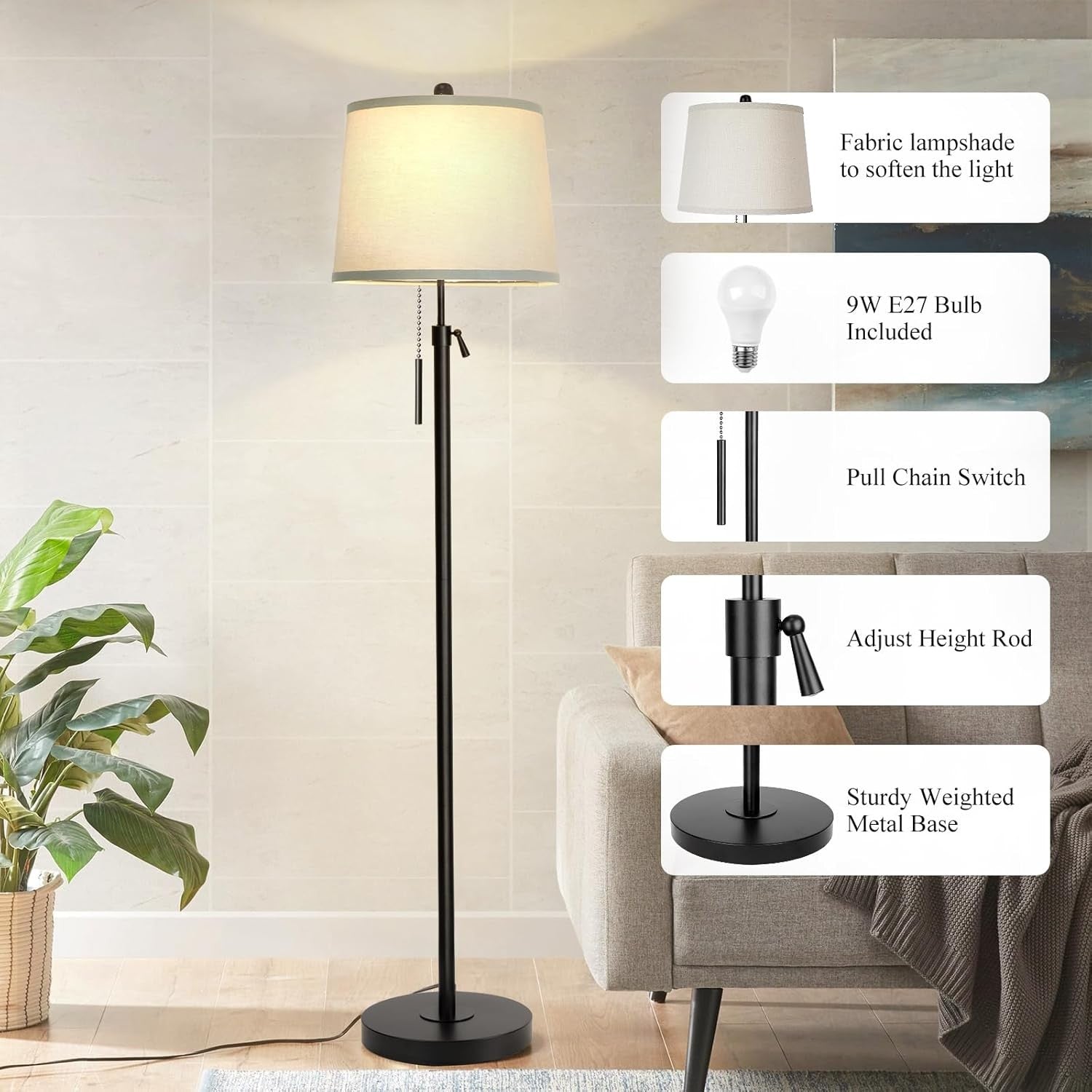 Adjustable Floor Lamp Black Height Adjustable 3 Colour LED Standing Light