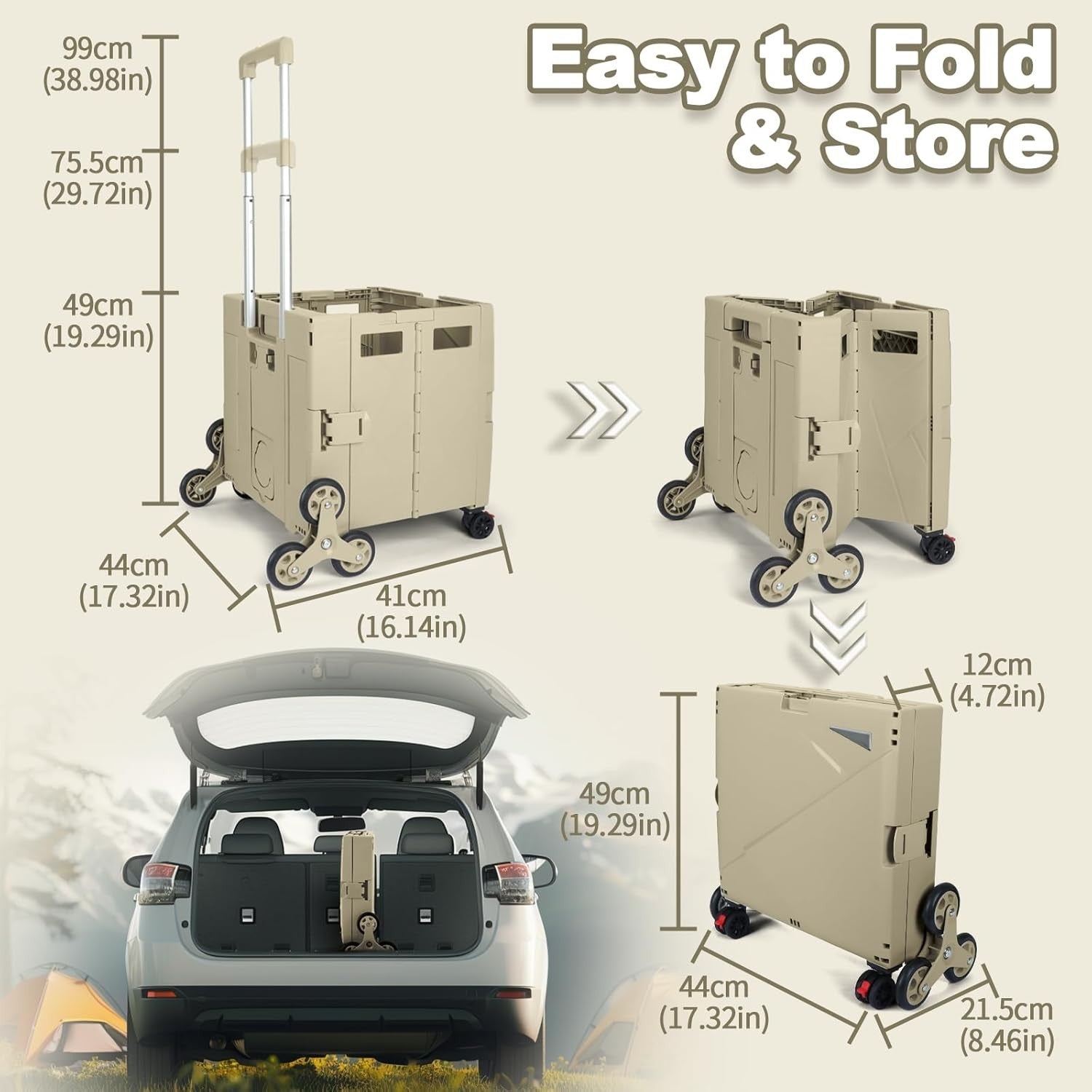 Folding Shopping Trolley with Stair Climbing Wheels 76L Heavy Duty Cart