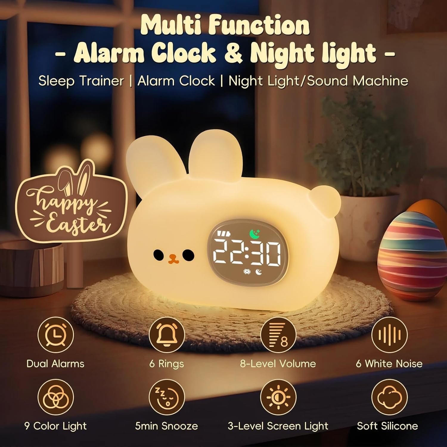 Kids Rabbit Alarm Clock with Night Light, Sleep Training & White Noise
