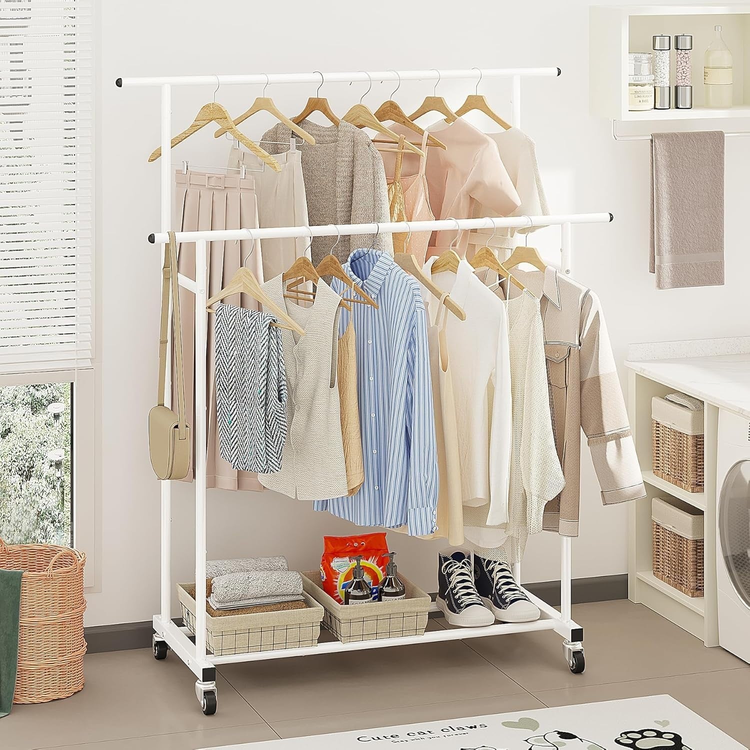 White Double Rod Clothes Rack with Wheels & Storage Shelf