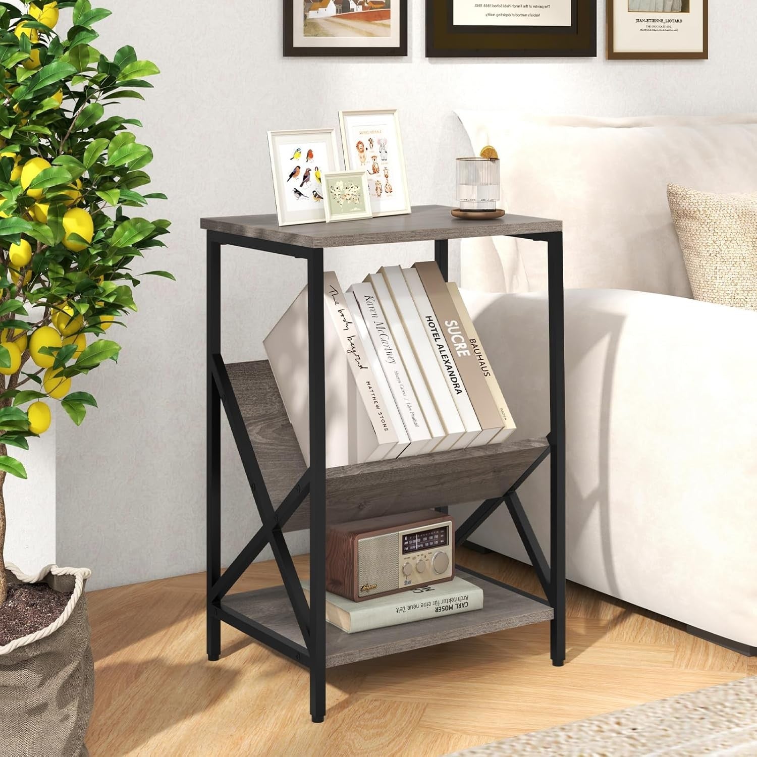 Industrial Record Player Side Table with Storage Shelf, Metal Frame, 2-Tier End
