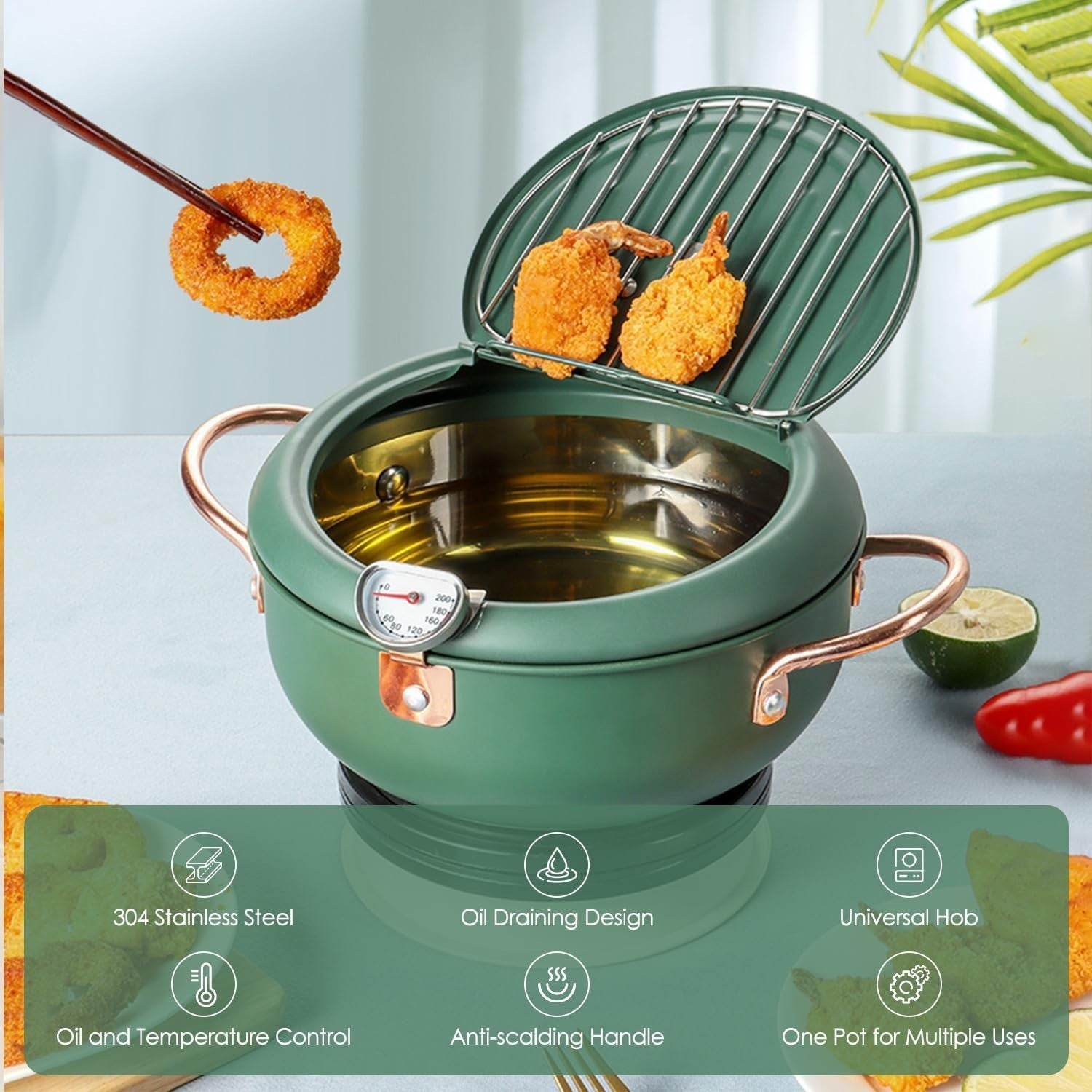 Japanese Style Covered Deep Fryer Pot 14cm Stainless Steel Thermometer Lid