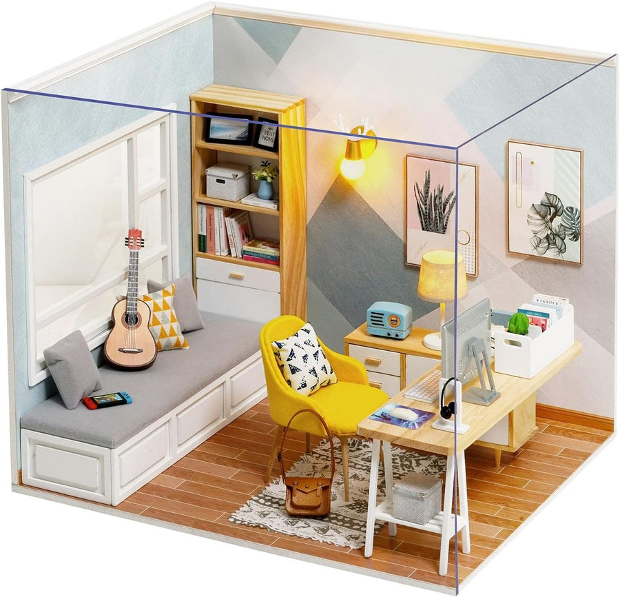 Miniature DIY Dollhouse Kit with LED Lights Furniture Decor Gift for Adults