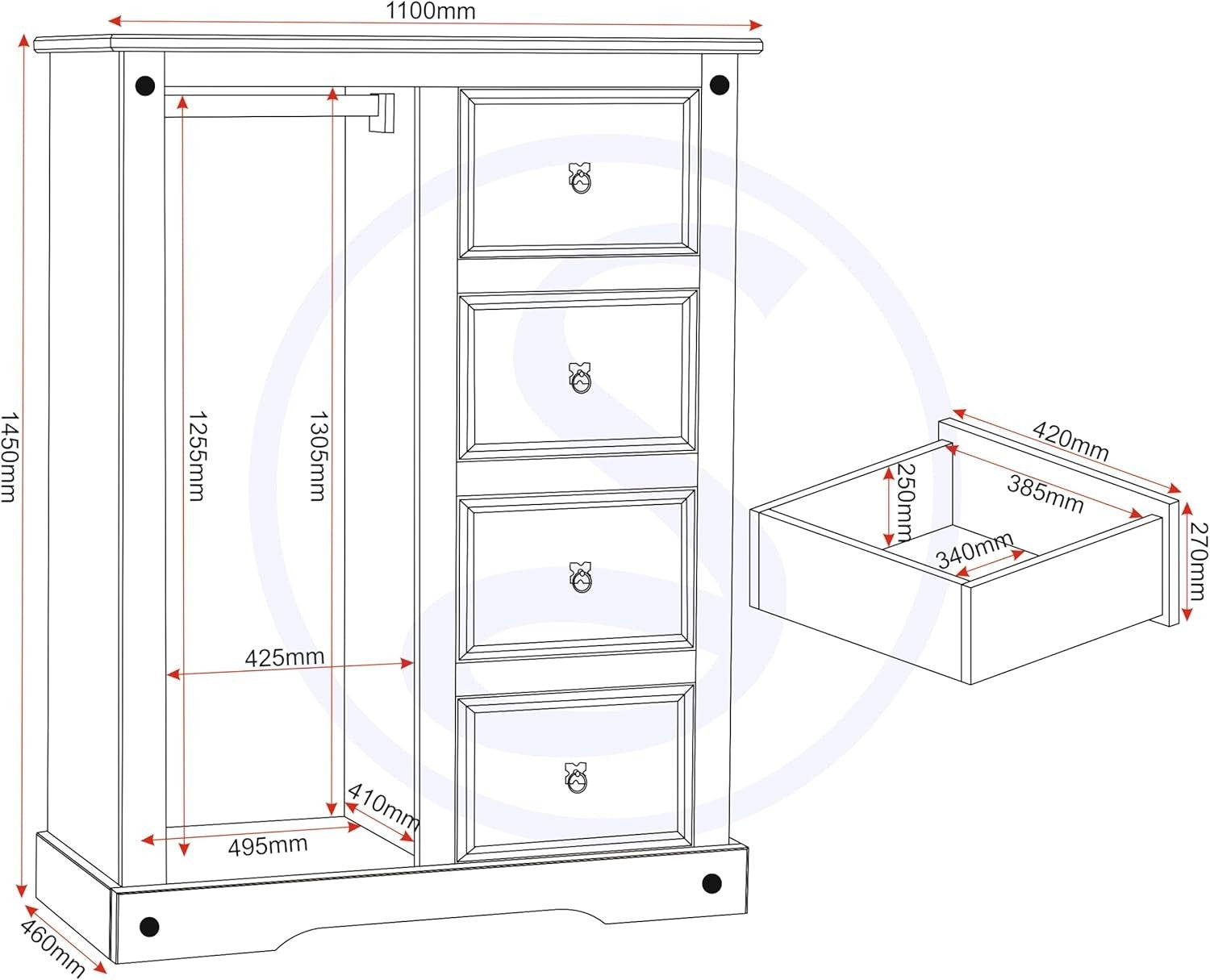 Rustic Pine Wardrobe 1 Door 4 Drawers Bedroom Storage with Hanging Rail