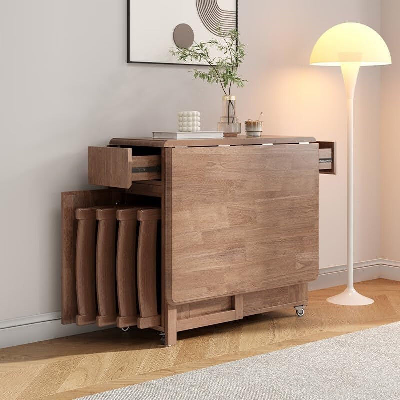Foldable Solid Wood Dining Table on Wheels 150cm Extending Space Saving Walnut