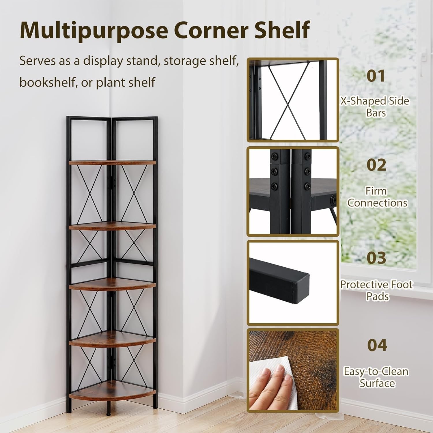 5-Tier Corner Ladder Shelf Rustic Brown | Space-Saving Display & Storage Unit