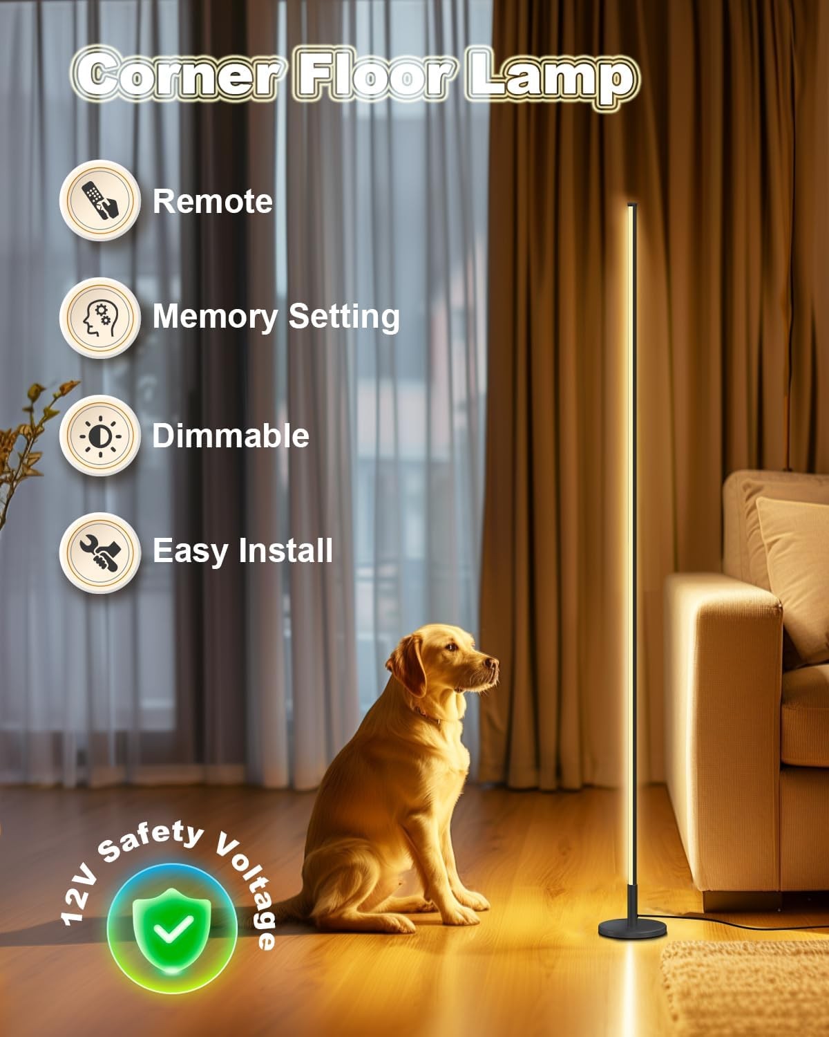 Minimalist Corner Floor Lamp LED Dimmable Remote Standing Light Black