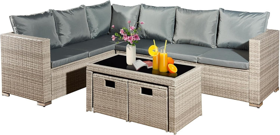 8 Seater Rattan Corner Sofa Set Patio Garden Furniture with Glass Table