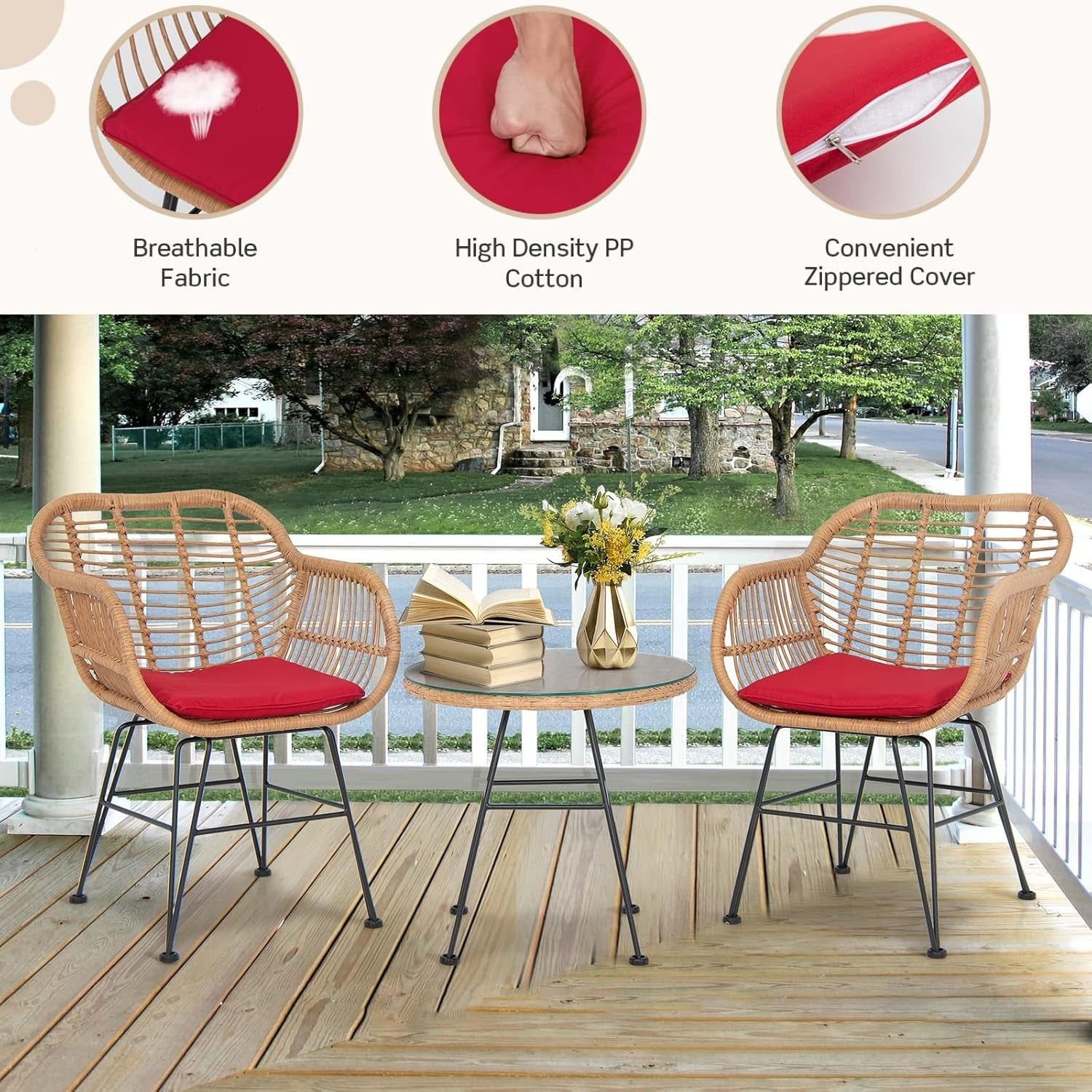 3 Piece Rattan Bistro Set Outdoor Patio Chairs with Glass Table & Cushions