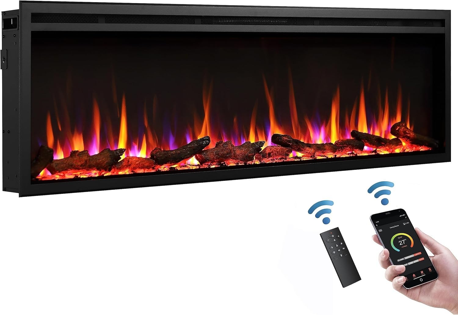 60" Wall Mounted Electric Fireplace Multi Flame Colors 750W-1500W Heat
