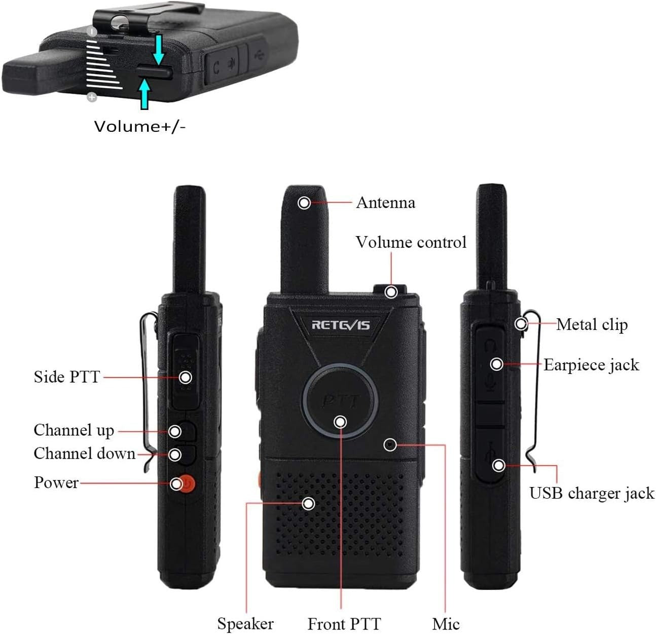 Mini PMR446 Walkie Talkies 4 Pack Rechargeable Dual PTT Long Range Radio