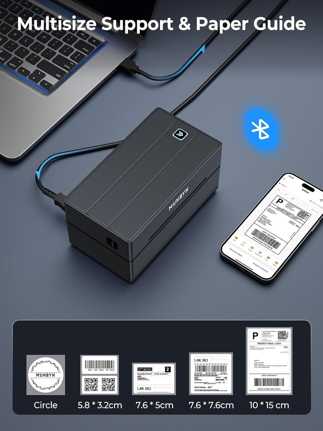 Black 4x6 Thermal Shipping Label Printer Bluetooth USB Fast Printing