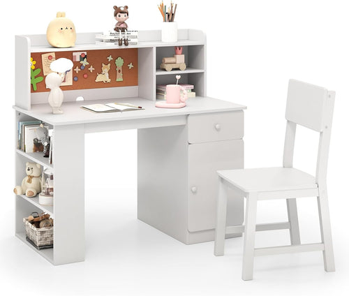 Kids Desk & Chair Set with Storage, Cork Board & Shelves White Study Table