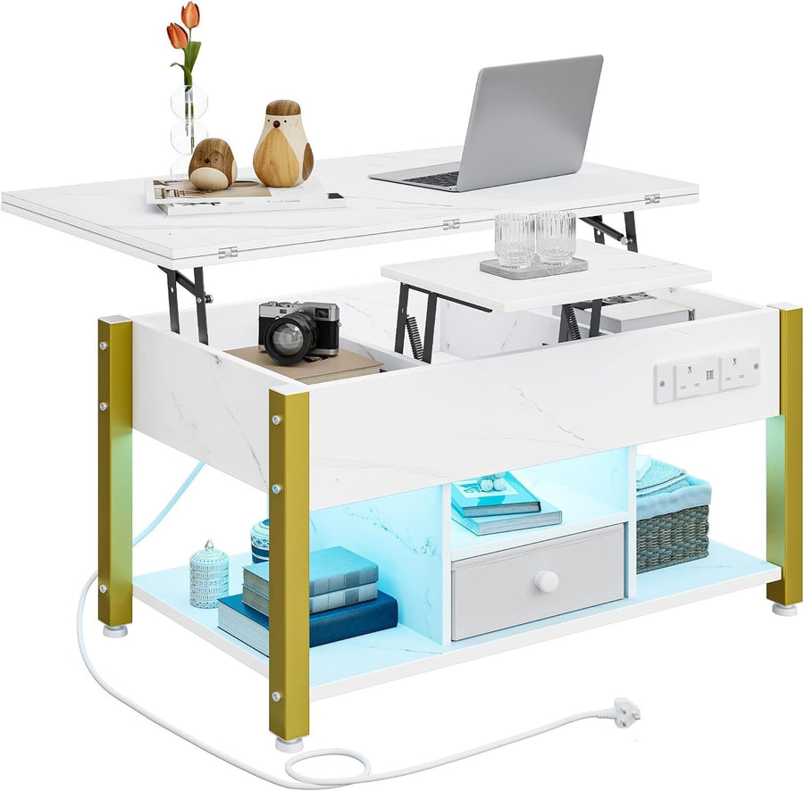 Folding Lift Top Coffee Table with Storage, USB & LED Lights, White Marble
