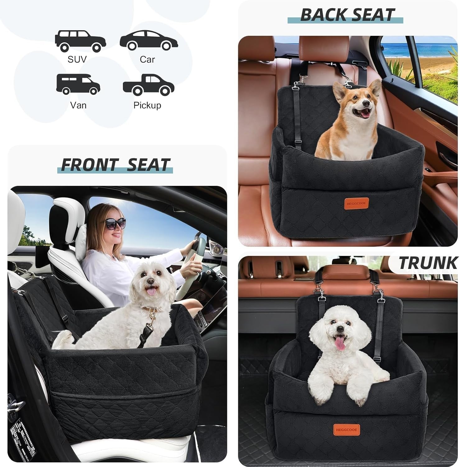 Memory Foam Dog Car Seat Booster Bed Washable Travel Seat Black