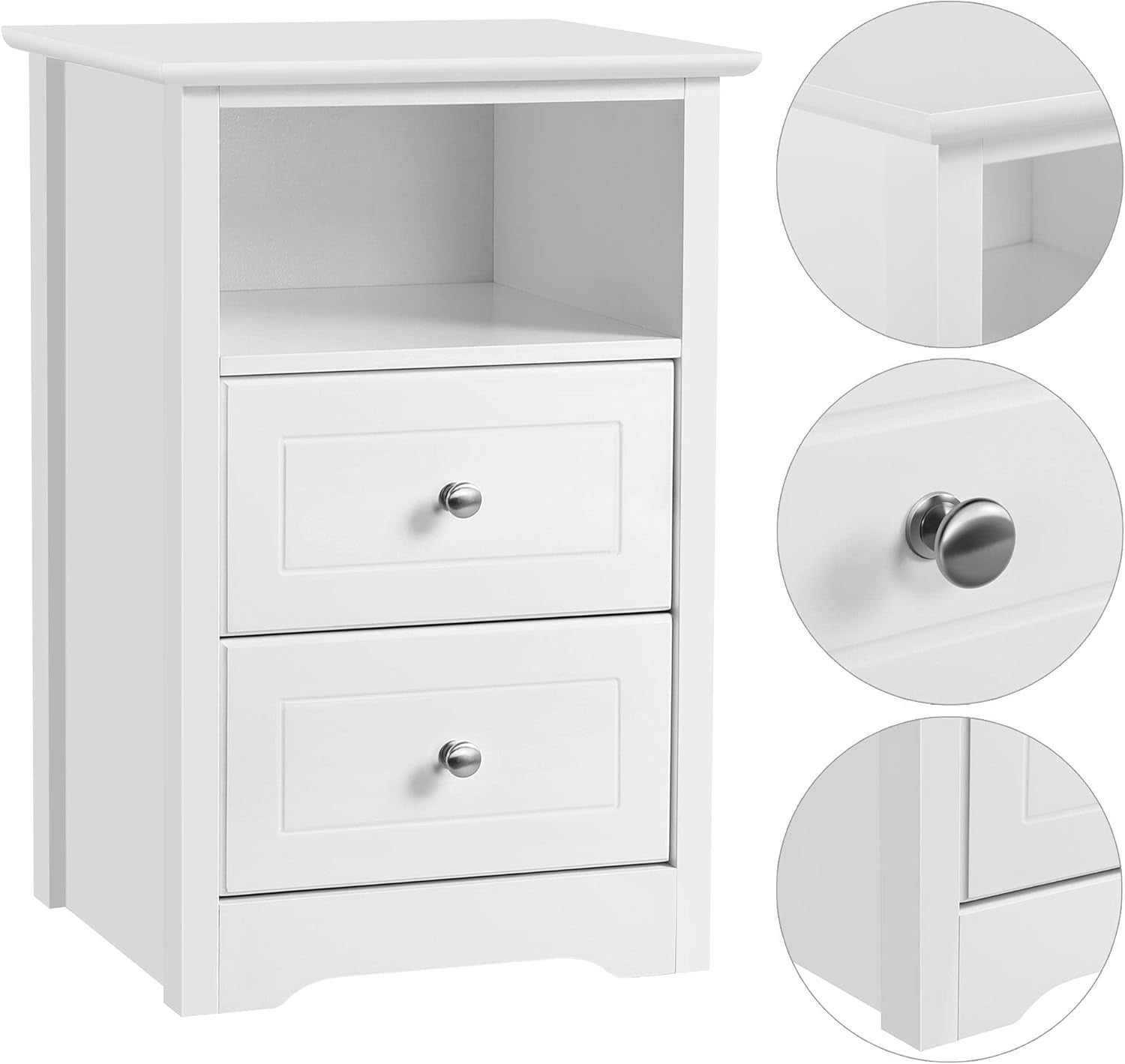 White Bedside Table with Drawers & Shelf – Modern Nightstand for Bedroom