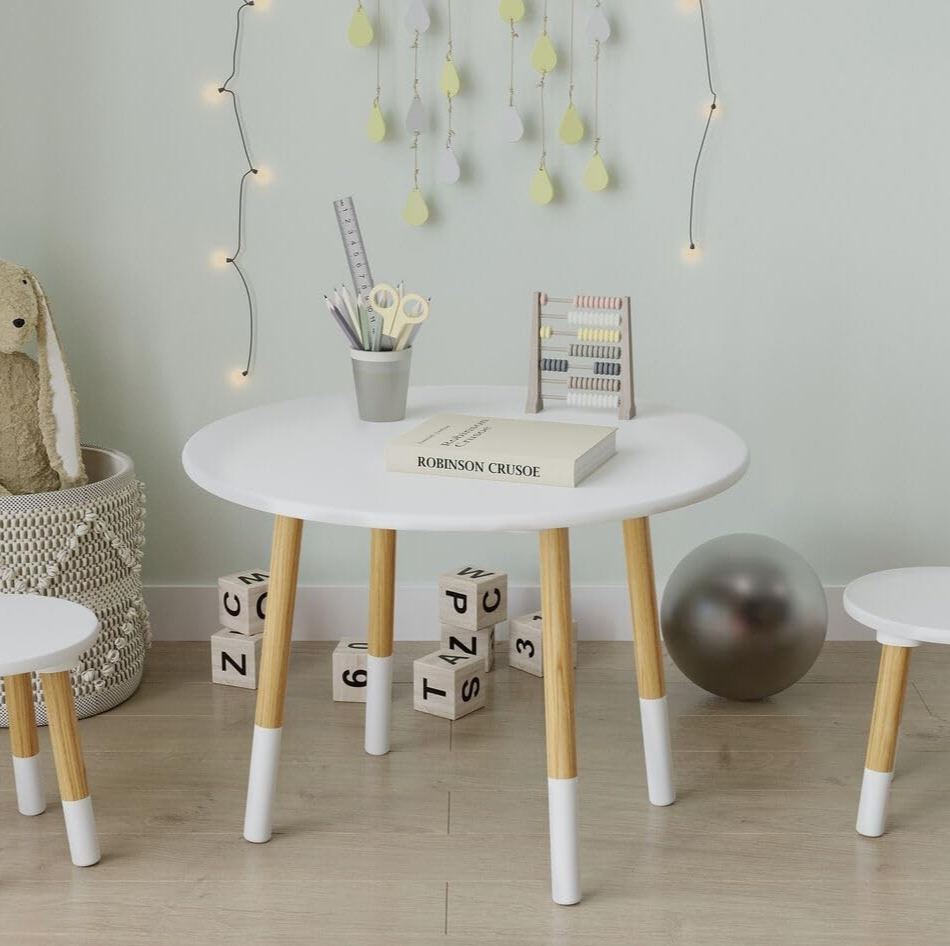 Kids Wooden Round White Table & 4 Chair Set, Durable Toddler Activity Desk
