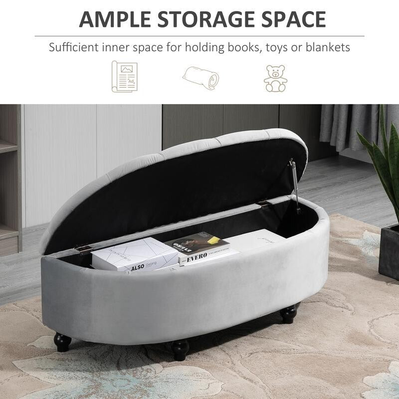 Grey Storage Ottoman Bench Tufted Velvet Seat End of Bed Entryway Stool