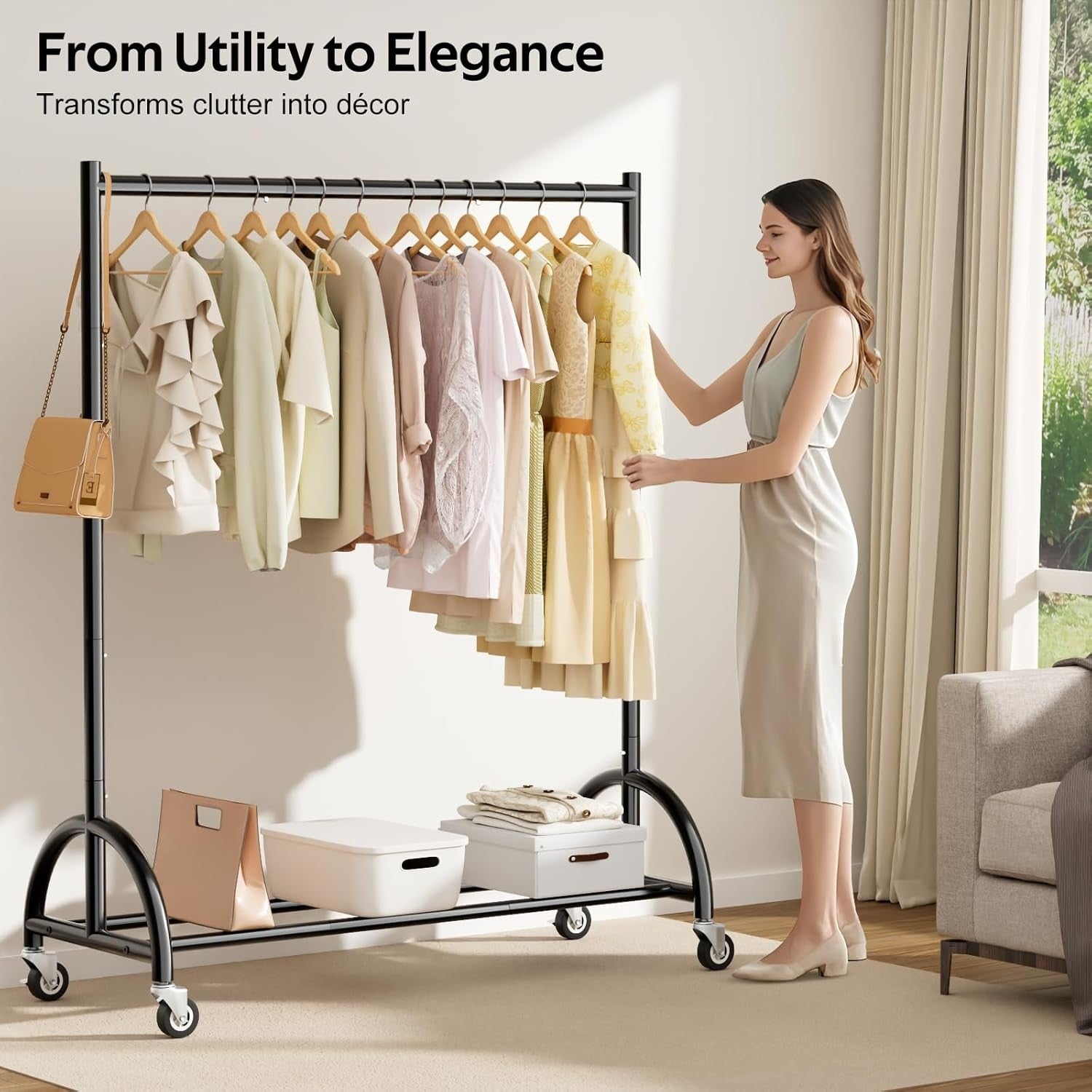 Heavy Duty Clothes Rail on Wheels with Shelf, Metal Rack Black