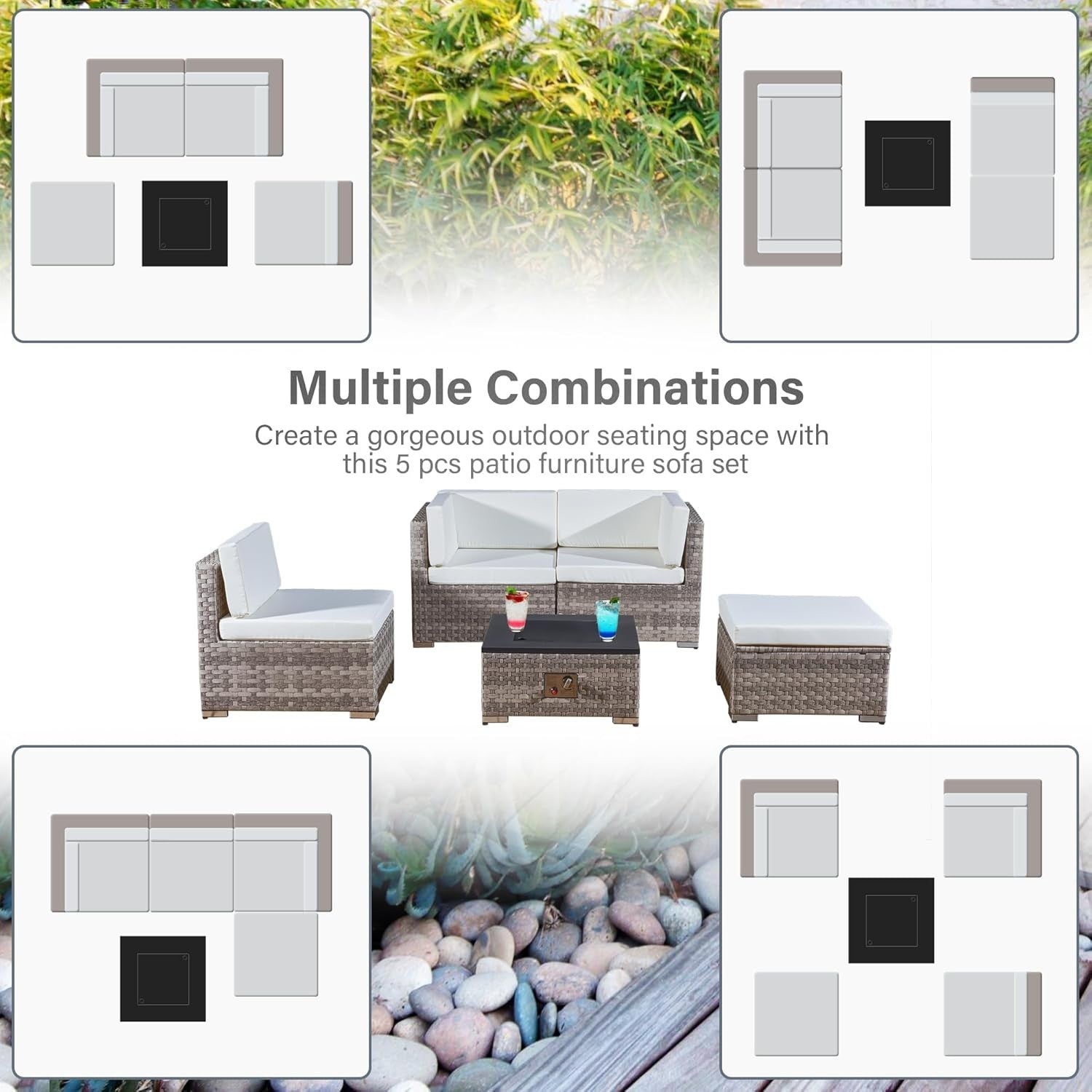 4-Piece Outdoor Rattan Sofa Set with Fire Pit Table Patio Garden Furniture Grey