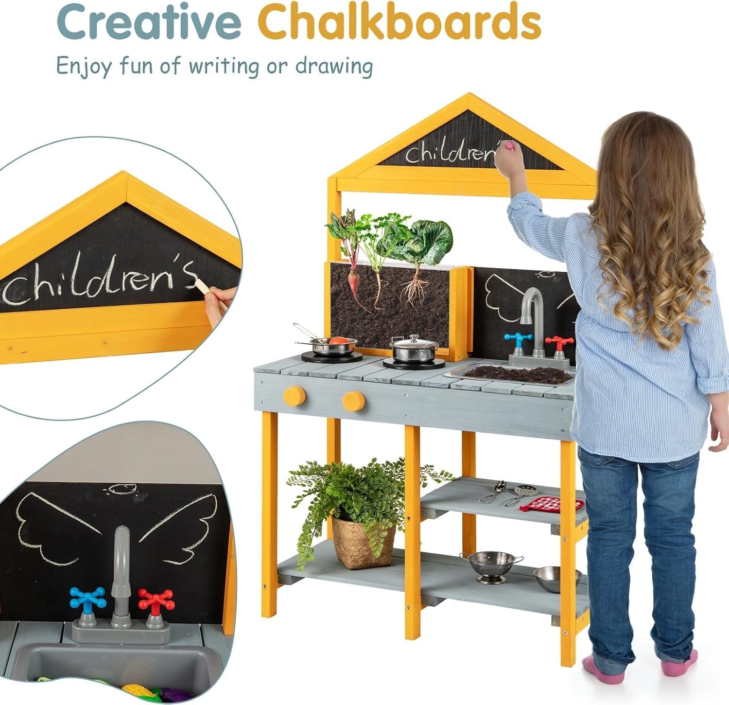 Outdoor Wooden Mud Kitchen Kids Playset Sink Chalkboard Planter Toy