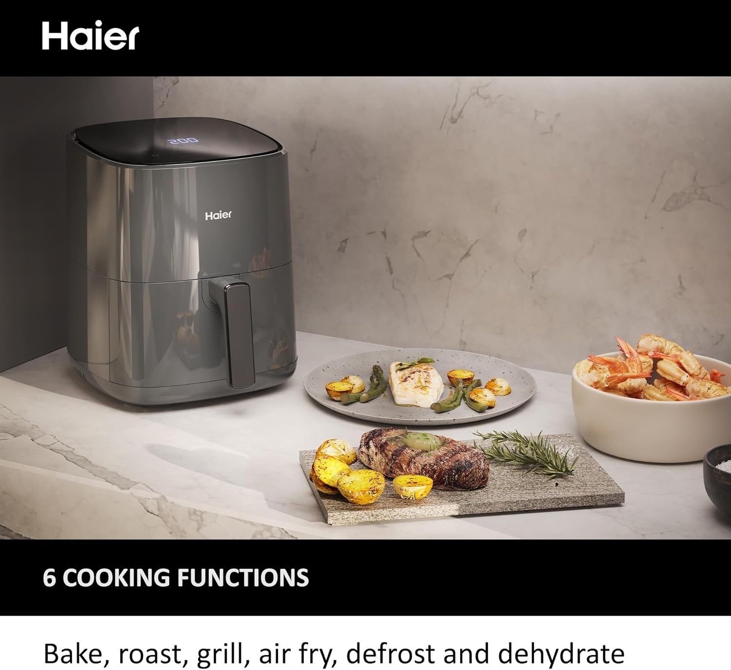 5L Digital Air Fryer 6in1 Bake Roast Grill Defrost Dehydrate 80-200°C