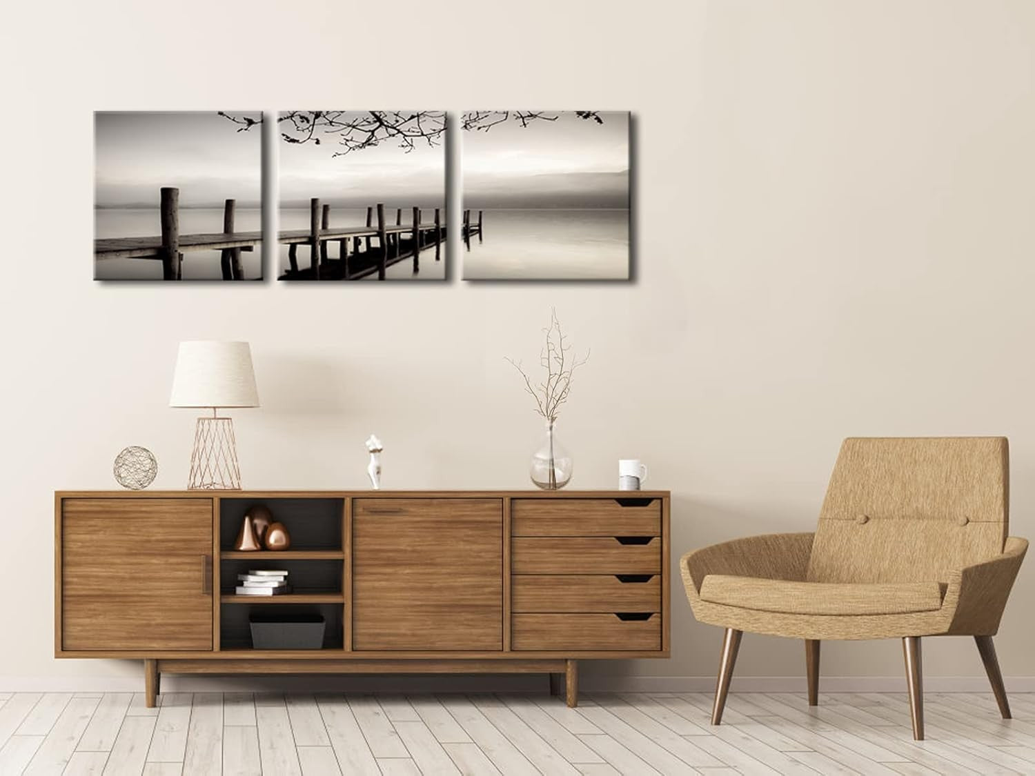 12"x12" Black White 3 Piece Landscape Canvas Wall Art – Modern Decor
