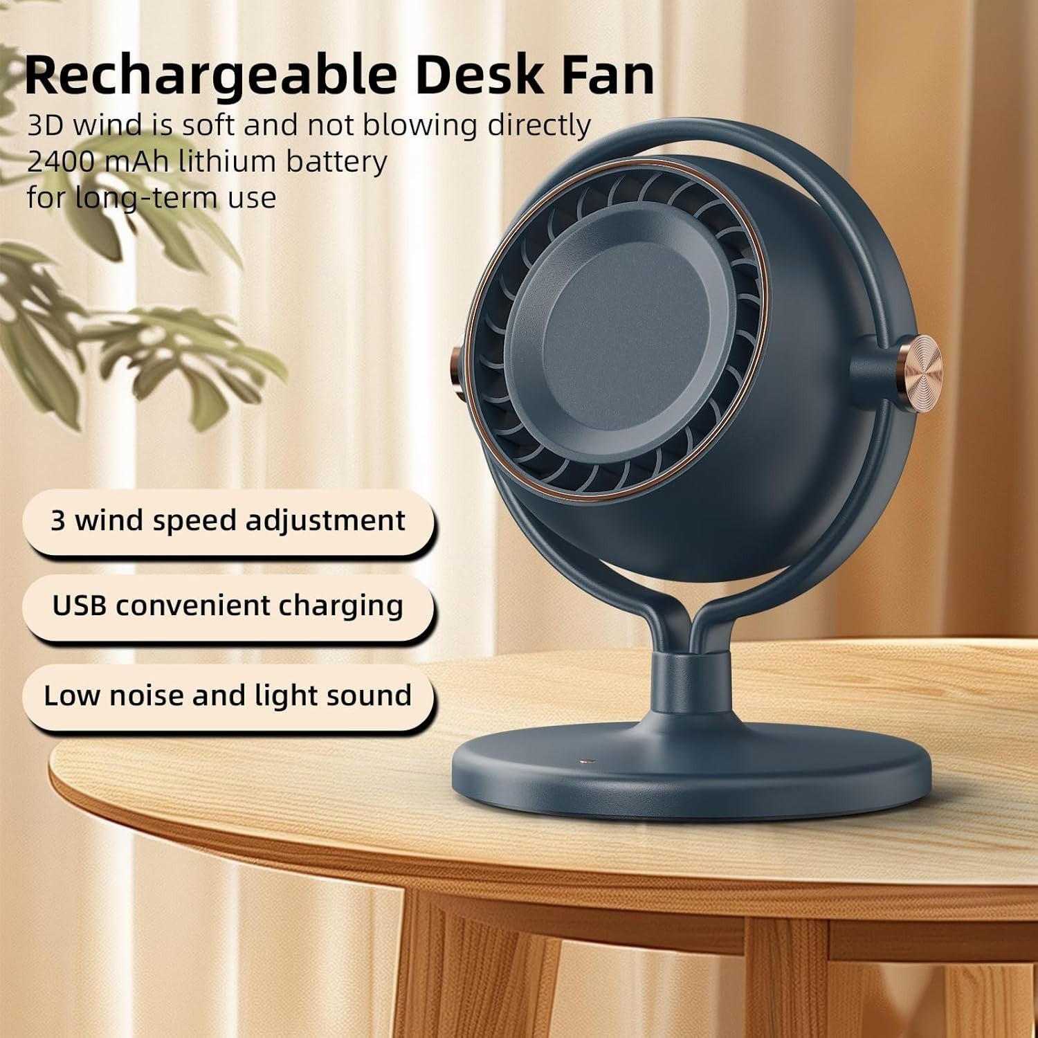 7.5-Inch Rechargeable Desk Fan – Quiet 3-Speed Portable Table Fan for Bedroom