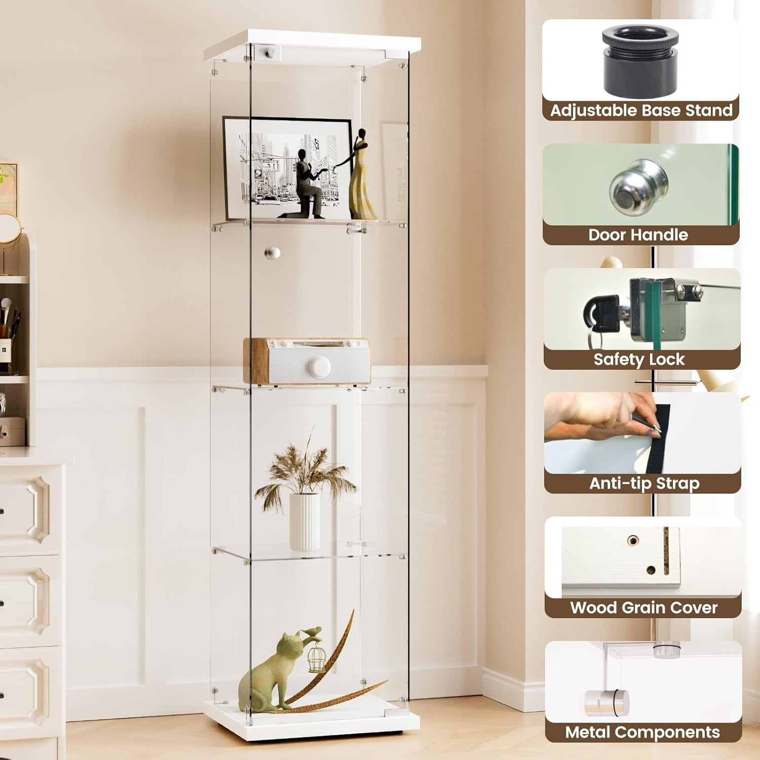 Glass Display Cabinet 64” Single Door Storage Showcase with 4 Shelves