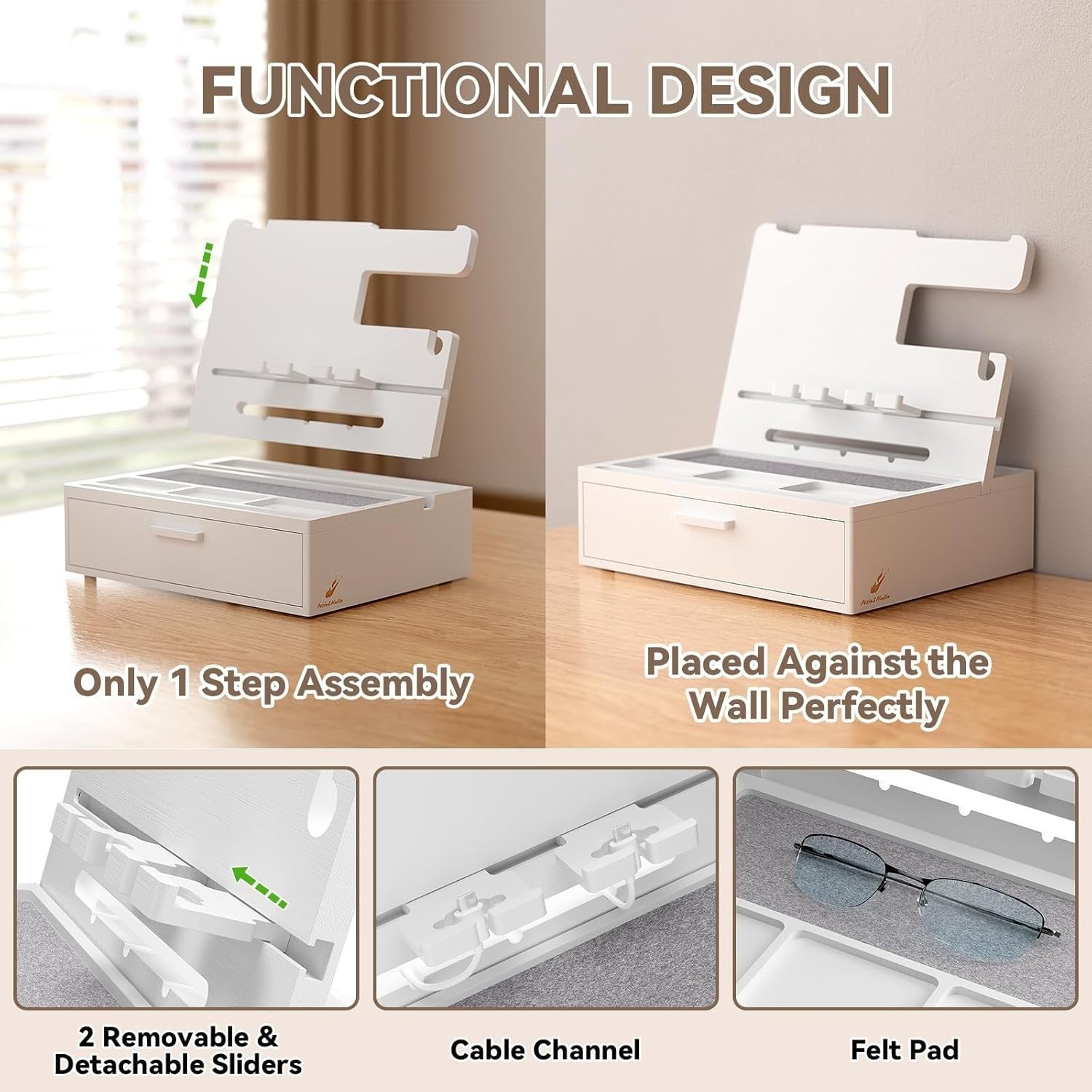 Bamboo Nightstand Organizer Tray with Drawer & Phone Dock for Multi-Device