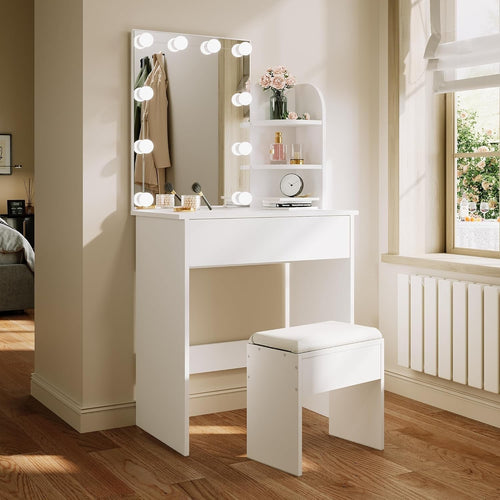 Hollywood LED Vanity Dressing Table Makeup Desk Mirror Stool Drawer Shelves Set
