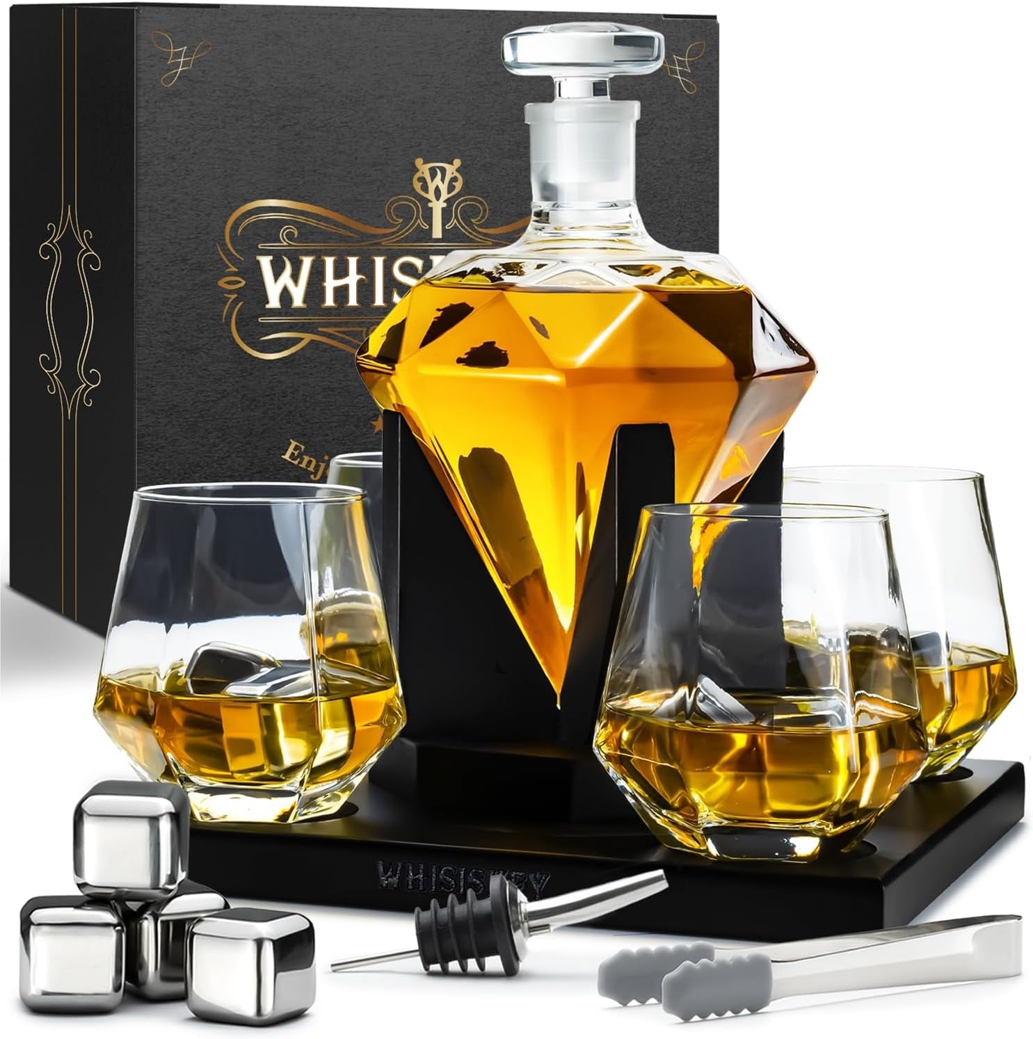 1000ml Diamond Whiskey Decanter Set with 4 Glasses Stones Luxury Men’s Gift Bar