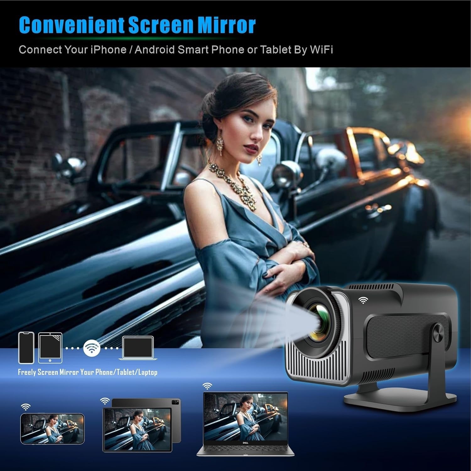 1080P Smart Projector 4K Support WiFi Bluetooth Android 300” Screen