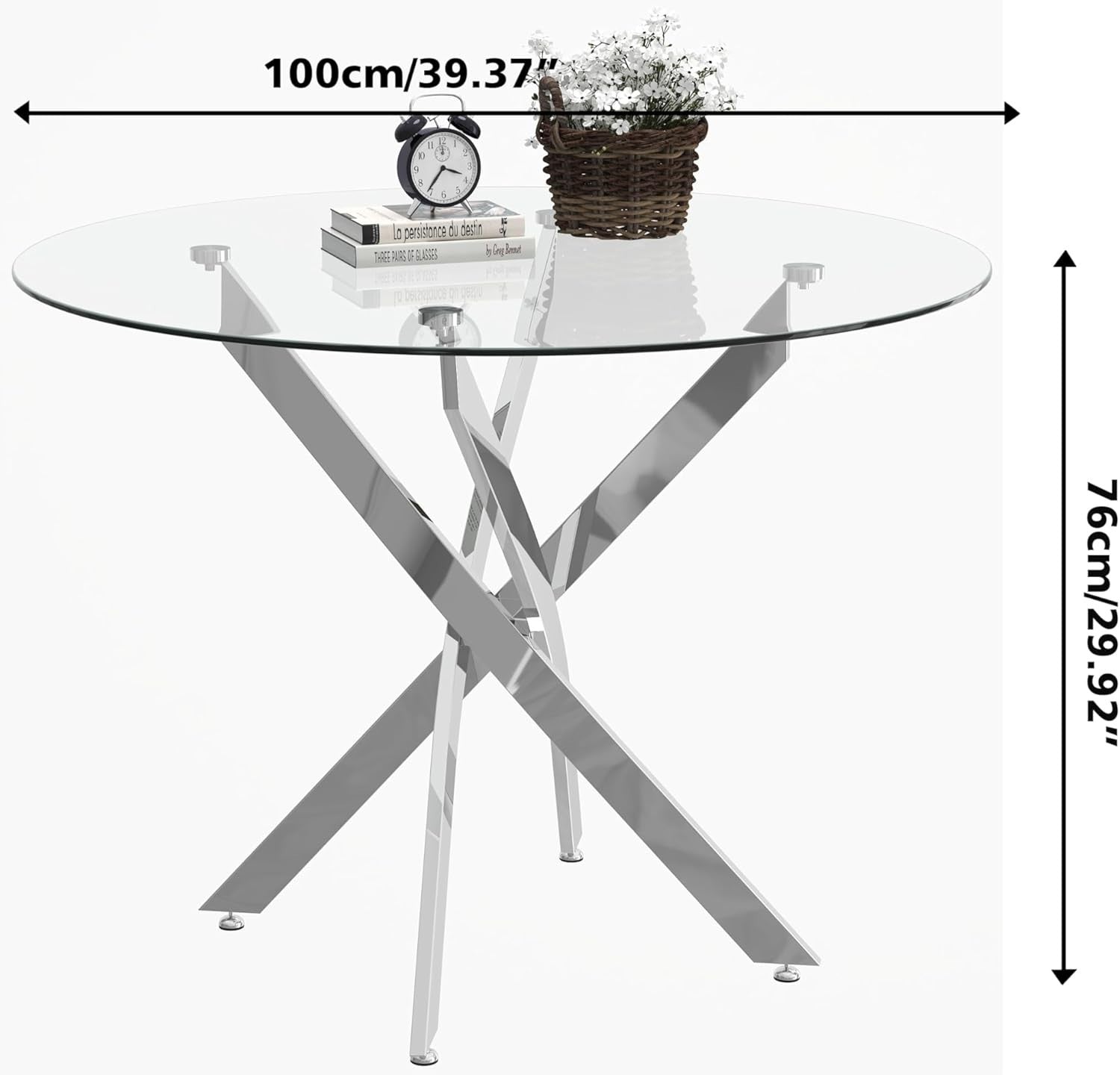 Round Glass Dining Table 100cm Tempered Chrome Legs Modern Design