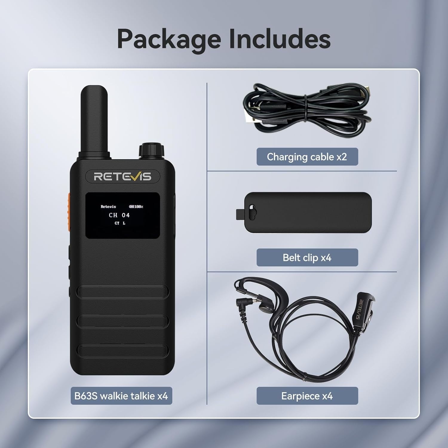 Slim Walkie Talkies 4 Pack LCD VOX USB-C Rechargeable w Earpiece