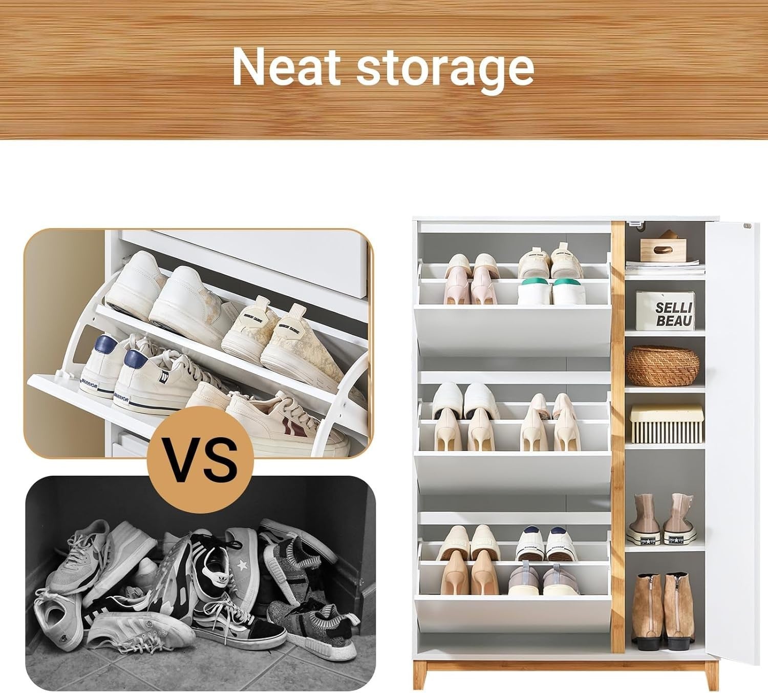 White Slim Shoe Cabinet 3 Flip Drawers & Cupboard Adjustable Shelf 80x34x122cm