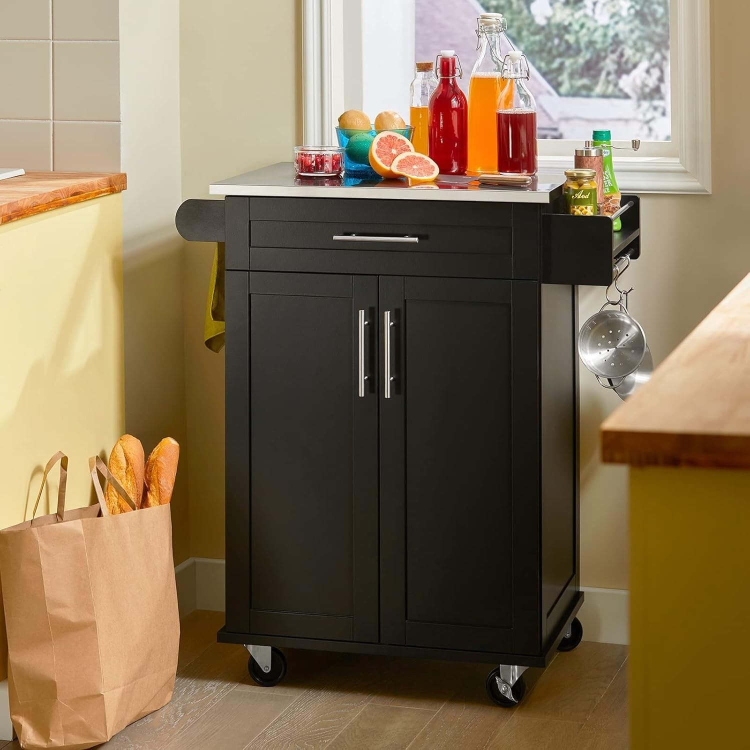 Mobile Kitchen Island Cart with Stainless Steel Top, Storage Drawer & Cabinet