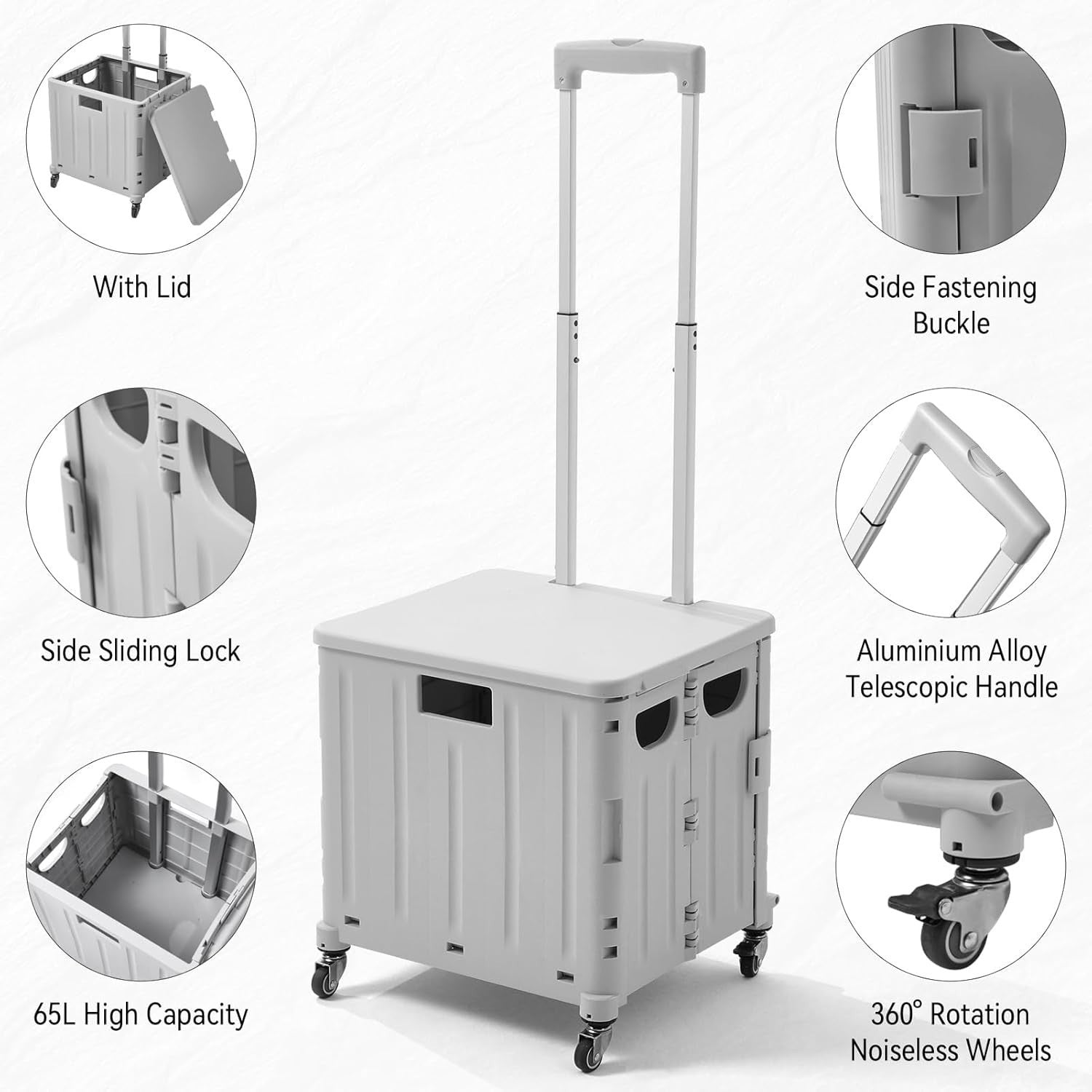 65L Foldable Shopping Trolley 4 Wheel Storage Cart with Lid Grey