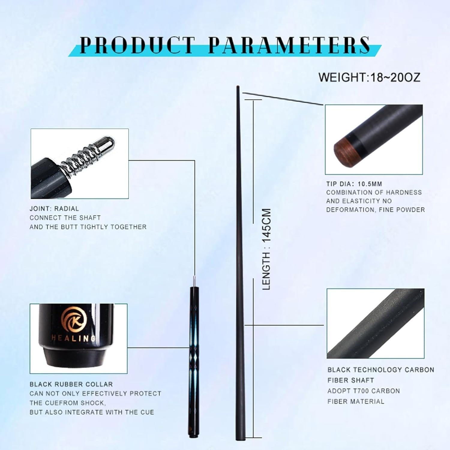 Carbon Fiber Pool Cue 57in 10.5mm Tip 3/4 Joint Pro Control