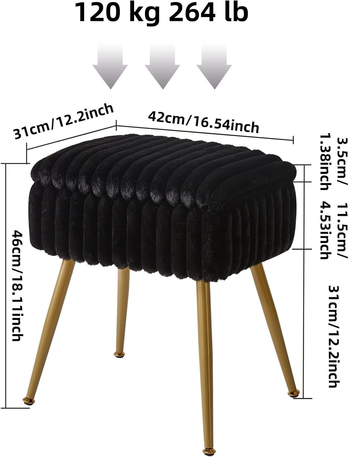Black Velvet Vanity Stool with Storage – Rectangular Makeup Chair