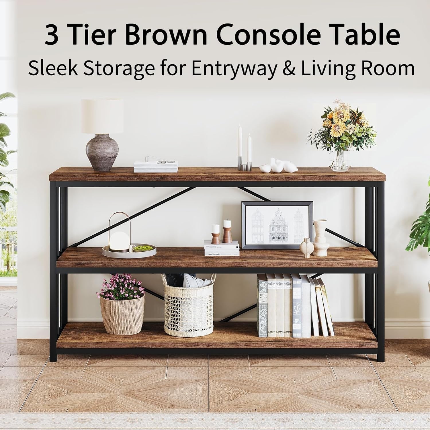 Rustic Industrial Console Table 3-Tier Storage Wood Metal 120x34x74cm