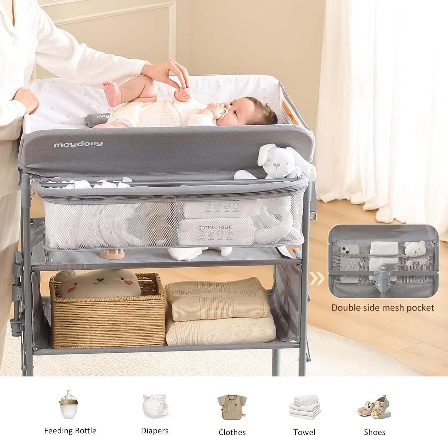 Baby Changing Table Adjustable Folding Diaper Station with Storage Rack Grey