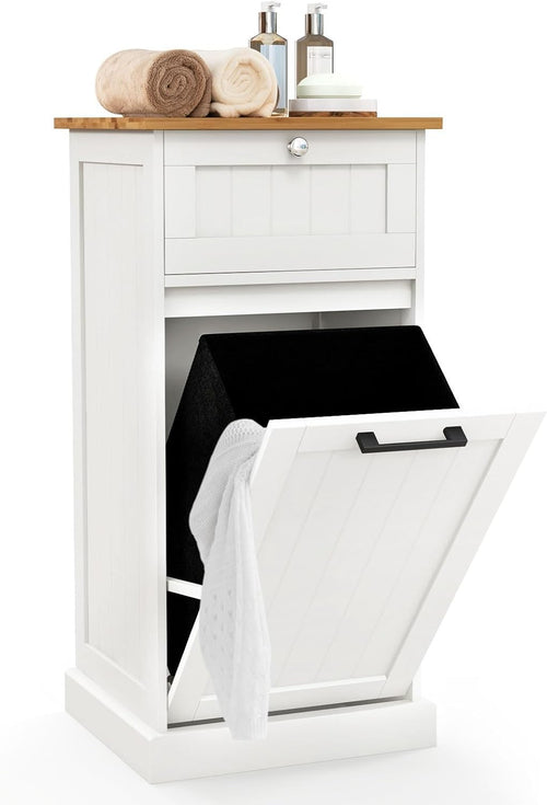 White Tilt-Out Laundry Hamper Cabinet with Drawer 30L Basket Bathroom Unit