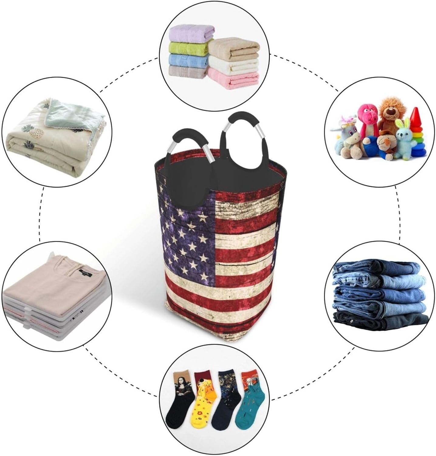 50L American Flag Laundry Basket Foldable Vintage Clothes Hamper with Handles