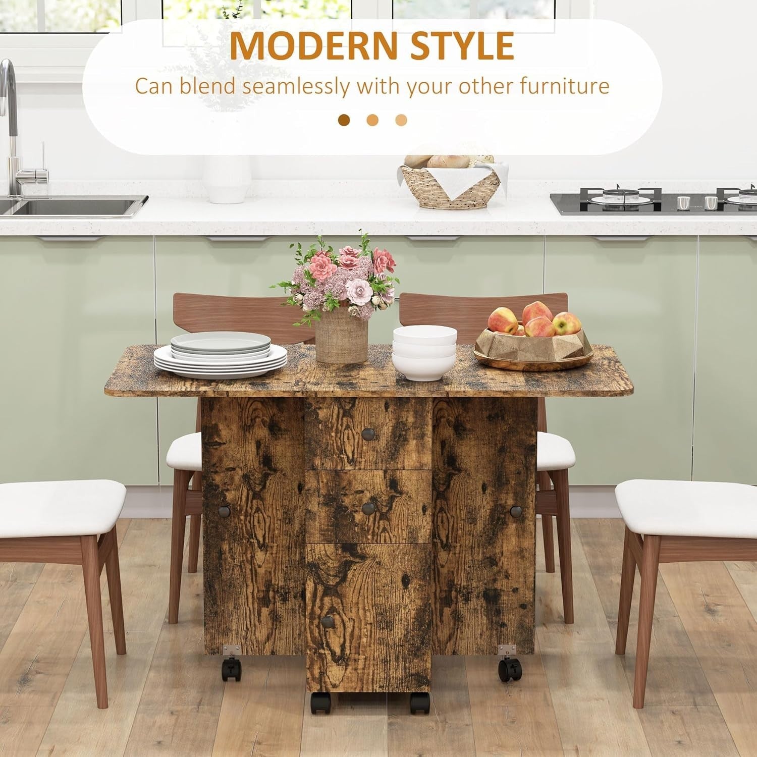 Folding Drop Leaf Dining Table 4-6 Seater on Wheels with Storage Rustic Brown