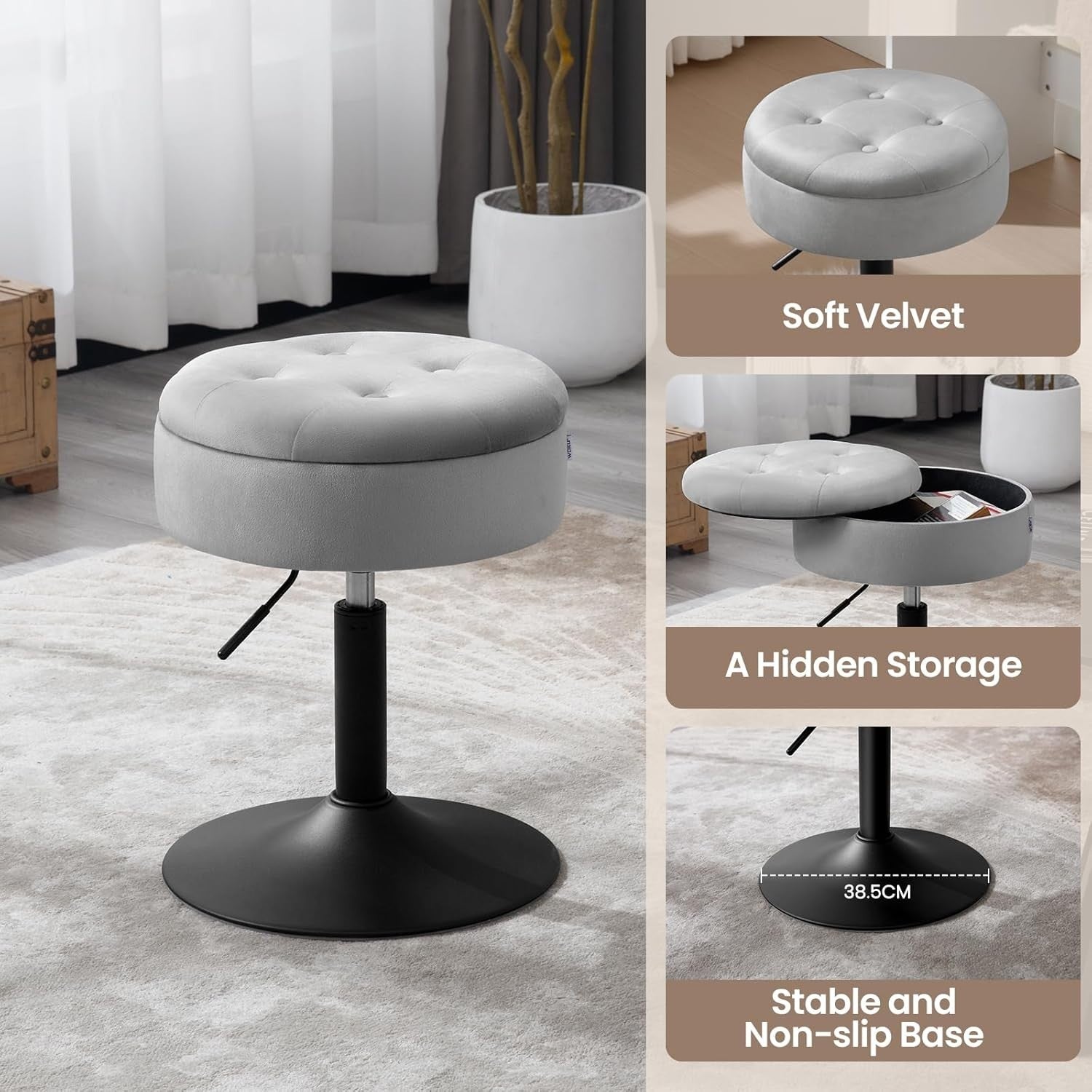 Set of 2 Light Grey Velvet Swivel Vanity Stools with Storage Adjustable