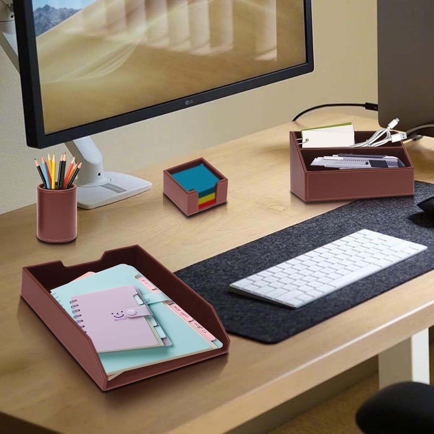 Luxury PU Leather 6-Piece Desk Organizer Set with Writing Pad & Pen Holder