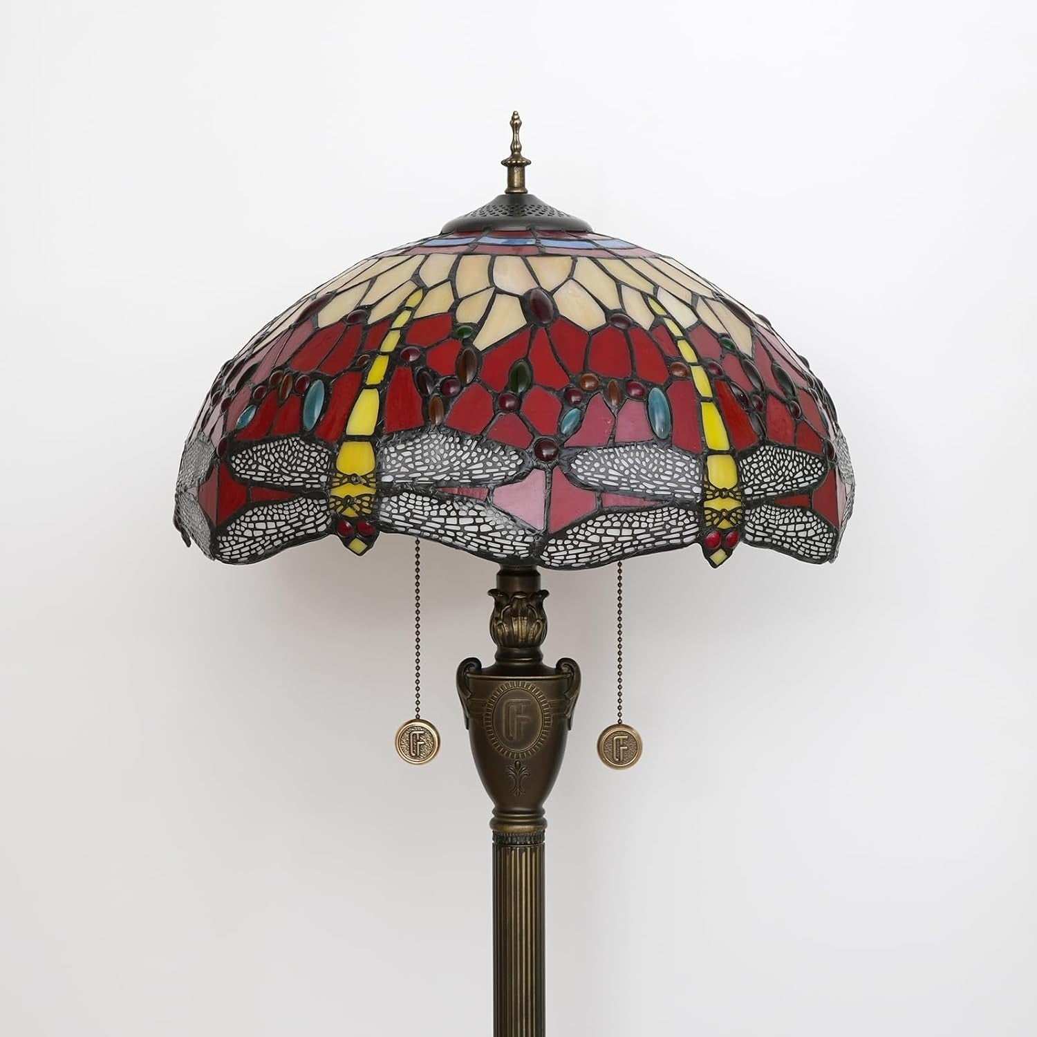 Red Dragonfly Stained Glass Floor Lamp with Vintage Bronze Base & Foot Switch