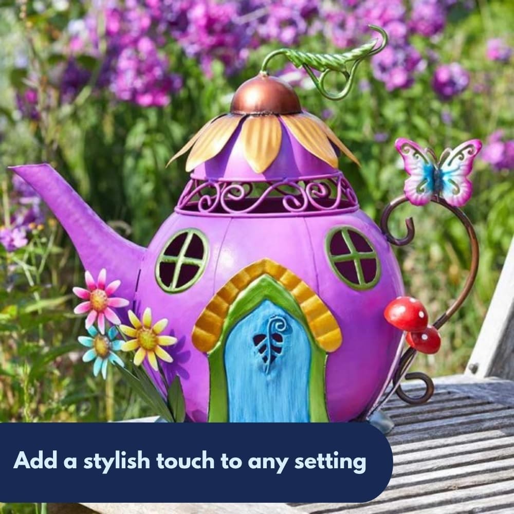Teapot Fairy House Garden Ornament Metal Hand-Painted Weatherproof 28cm Decor